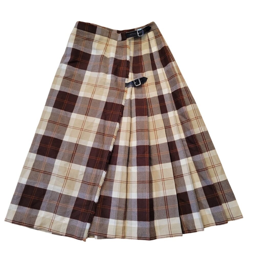 Lochcarron of Scotland‎ Beige Brown Tartan Plaid Wool Kilt Buckle Wrap Skirt 24"